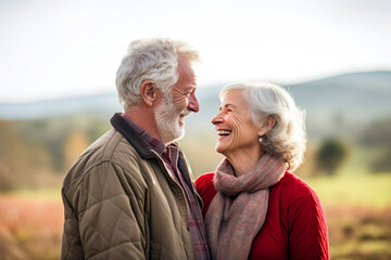 an older couple looking at each other with a smile,