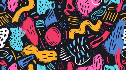 Fototapeta na wymiar Bright colored seamless banner design background with charcoal childish shapes. Hand drawn pencil doodles, squiggles and scribbles in Memphis simple style. Sketchy colorful seamless pattern.