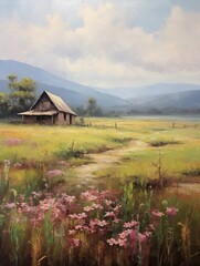 Historic American Barns Meadow Painting: Vintage Farmhouse Art with Rolling Hills