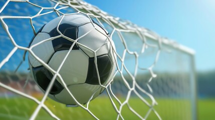A soccer ball sails into the net against a clear blue sky, scoring a goal in a busy stadium.