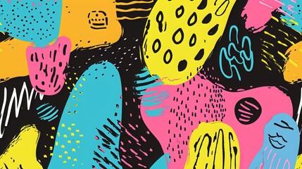 Bright colored seamless banner design background with charcoal childish shapes. Hand drawn pencil doodles, squiggles and scribbles in Memphis simple style. Sketchy colorful seamless pattern. - obrazy, fototapety, plakaty