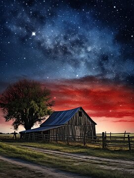 Starry Night Over Historic American Barns
