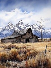 Historic American Barns Snow-capped Mountain Print: Winterscape with Cold Landscape Barns
