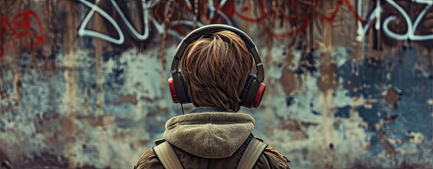 Young man wearing headphones staring at a graffiti mural.