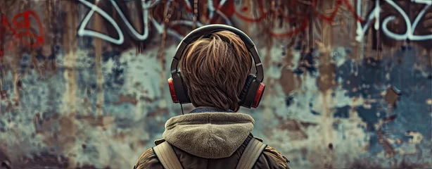 Photo sur Plexiglas Graffiti Young man wearing headphones staring at a graffiti mural.