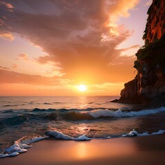日の出、夕焼けの海岸