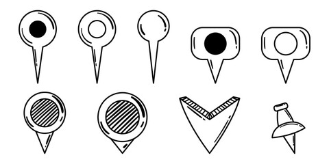 Set of Hand Drawn Doodle Location Pins. Diversify Your Designs with Various Navigation Markers, Pinpoints, Tags and Arrow for a Fun and Engaging Look - obrazy, fototapety, plakaty