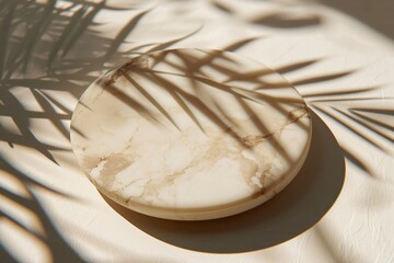 Marble oval board with shadow of plants on a light background for product demonstration. Trendy neutral aesthetic layout template for beauty and cosmetics scene