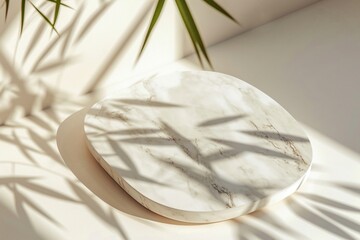 Fototapeta na wymiar Marble oval board with shadow of plants on a light background for product demonstration. Trendy neutral aesthetic layout template for beauty and cosmetics scene