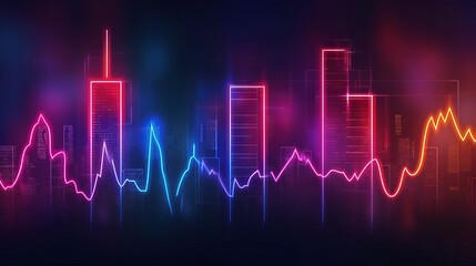 Cardiogram line forming city skyscrapers silhouettes in three neon colors 