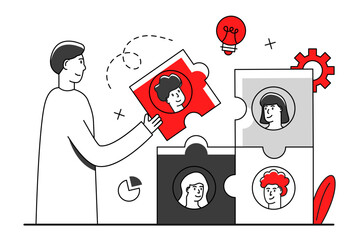 Teamwork, startup character flat vector illustration business concept with giant puzzle. Modern vector illustration of people connecting puzzle elements. Flat vector illustration