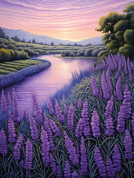 Lavender Field Breezes: The Riverside Painting of Lavenders by the River.