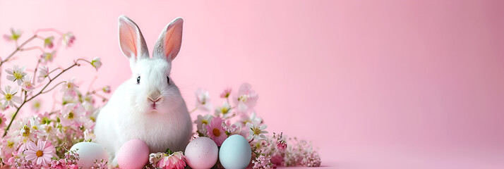 Easter greeting card, Easter bunny on a pink background. Banner. - Powered by Adobe