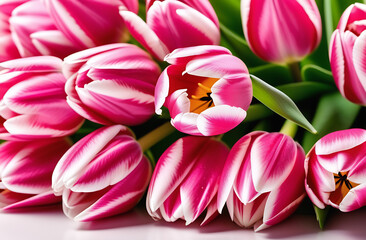 Closeup bouquet of pink tulips. Banner card design. Floral background