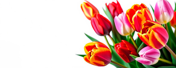 Bouquet of colorful tulips on a white background. Banner card design. Copy place