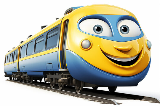 Happy cartoon bright train with smiling face on white background