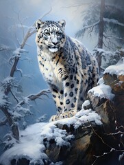 Fototapeta premium Imperial Ruler: Majestic Snow Leopard Stares in Mountain Landscape