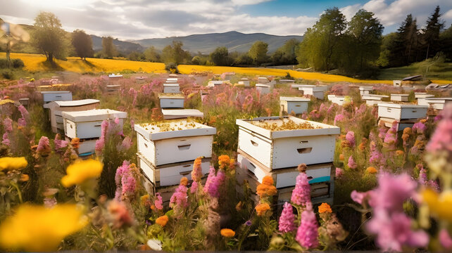 A scene of a bee farm, with neatly arranged beehives surrounded by vibrant wildflowers - AI