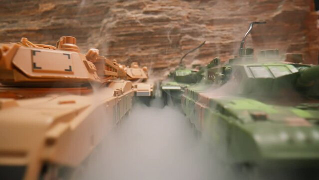 Tanks And Soldiers Are Ready For Battle. Lightning in the desert. Desert Storm. War between troops. Fog between troops and warriors. Toy Soldiers And Tanks.