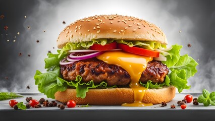 Experience the sizzling essence of a fresh prime chick patty Angus or Wagyu beef burger, adorned...