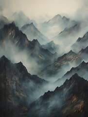 Misty Mountain Peaks: Vintage Wall Decor Painting of Tranquil Beauty