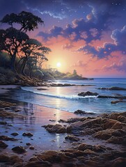 Naklejka premium Moonlit Tidal Shores: Golden Hour Art of Twilight-Meeting Moonlit Shores