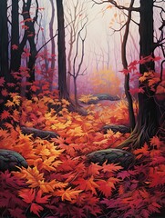 Mystical Forest Clearings: Autumn Landscape Painting with Vibrant Fall Foliage and Leaf-covered Ground