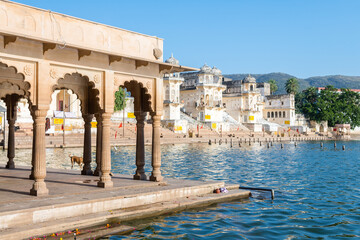 views of pushkar ghats close to the sacred lake, india