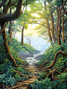 Mystical Forest Clearings: Beach Scene Painting - Forested Coast & Ocean Wall Decor