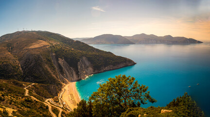 Top view Panoramic view of the famous Myrtos beach on Kefalonia island, Ionian sea, Greece. Myrtos beach with turquoise sea water on Cephalonia Greek island