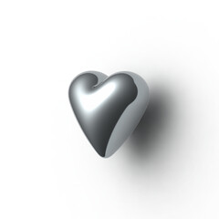 3D glossy metal silver heart with shadow isolated on transparent background.