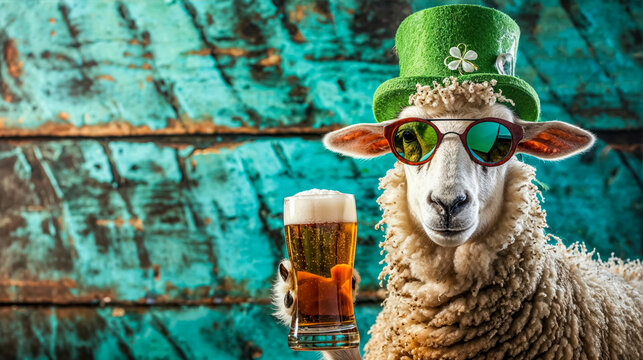 Funny Portrait Of a Sheep Donning Stylish Sunglasses and a Festive Green Saint Patrick's Day Hat. Holding An Irish Beer In A Pub. St Patrick Celebration