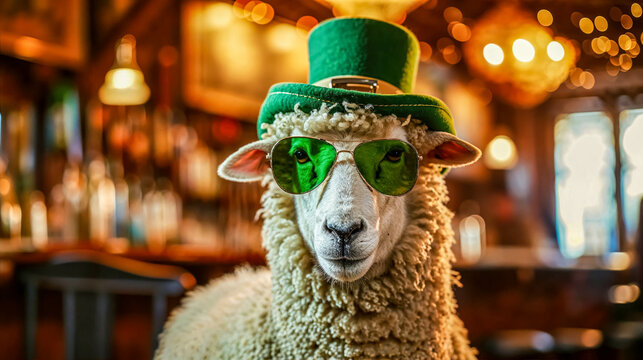 Funny Portrait Of a Sheep Donning Stylish Sunglasses and a Festive Green Saint Patrick's Day Hat. In A Pub Background. St Patrick Celebration