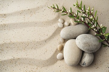 Fototapeta na wymiar Natural Harmony: Sage Twig and Pebble Rocks on Sand - Serene Botanical Background