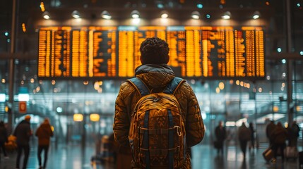 a man with a backpack looking at a flight board in an airport terminal with a lot of numbers on it - obrazy, fototapety, plakaty