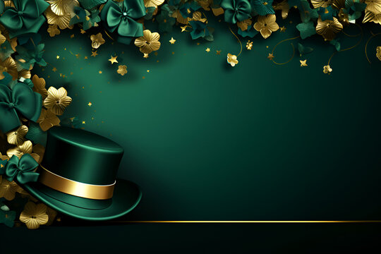 St. Patrick's Day concept illustration of a leprechaun hat with gifts, gift boxes and gold coins on a green background with copy space.