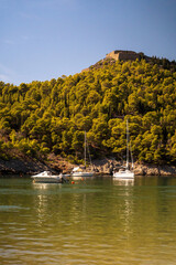Couple of motor boats docked near Cephallenia island near Zakynthos island in Greece