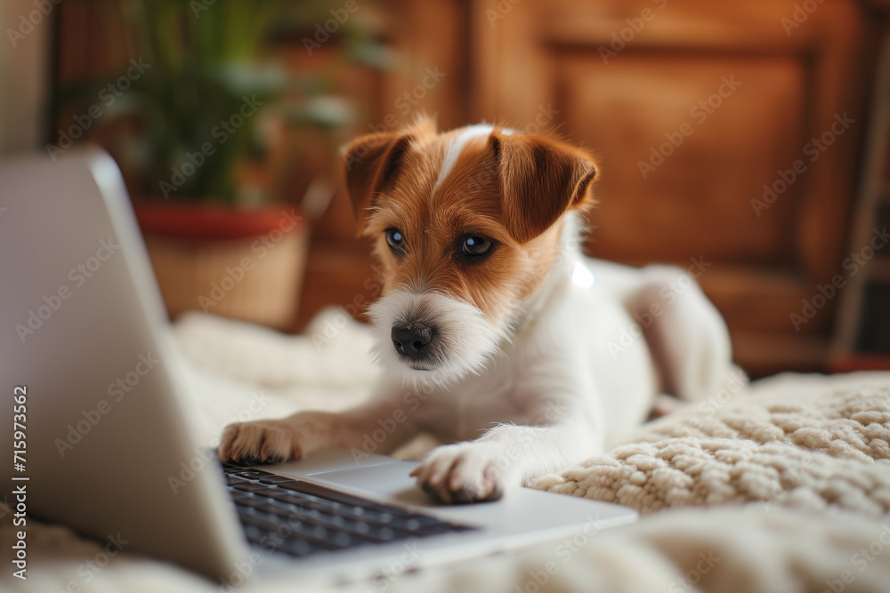 Wall mural portrait of a r dog in front of a laptop dog using the keyboard on computer. dog sitting at table wi