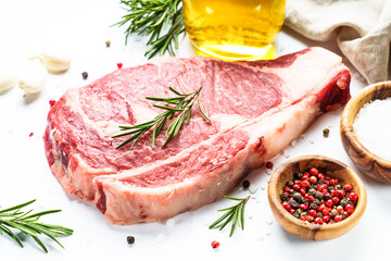 Beef steak Ribeye steak raw marble meat close-up.