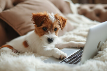 Portrait of a r dog in front of a laptop dog using the keyboard on computer. dog sitting at table with computer in front. Creative idea concept. Concept of business and remote work. Online shopping fo