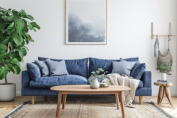 Home interior mock-up with blue sofa, wooden table and decor in white living room, panorama, 3d render