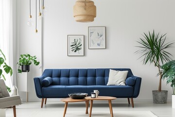 Home interior mock-up with blue sofa, wooden table and decor in white living room, panorama, 3d render