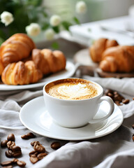 Cup of coffee and croissants served on the table. Breakfast concept food idea