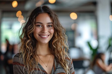 A radiant lady with long, layered brown hair beams a genuine smile at the camera, exuding warmth and joy while showcasing her stylish outdoor clothing