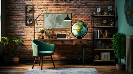 A rustic home office with green chair, a globe, a map and a brick wall
