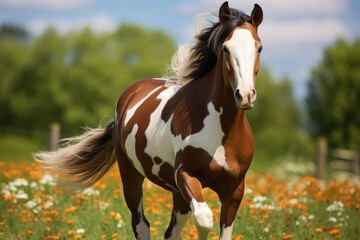 A majestic sorrel mustang horse stands tall in a sea of vibrant flowers, its brown mane blowing in the wind against the backdrop of a vast blue sky