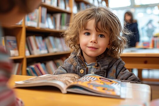 A curious toddler engrossed in a book, surrounded by towering bookcases in a quiet library, learning and expanding their mind in the peacefulness of a public space