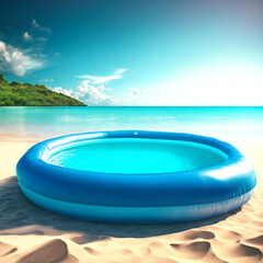 Fototapeta na wymiar Inflatable pool with water on the shore of a beautiful beach.