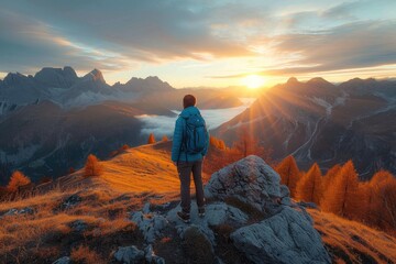 As the sun rises over the rugged autumn landscape, a solitary figure stands atop a rocky peak, surrounded by vast skies and endless wilderness - obrazy, fototapety, plakaty