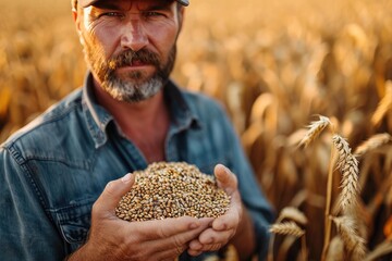 A rugged farmer gazes proudly at his bountiful harvest of whole grain wheat, his worn clothing and strong human face a testament to his hard work and dedication to the land